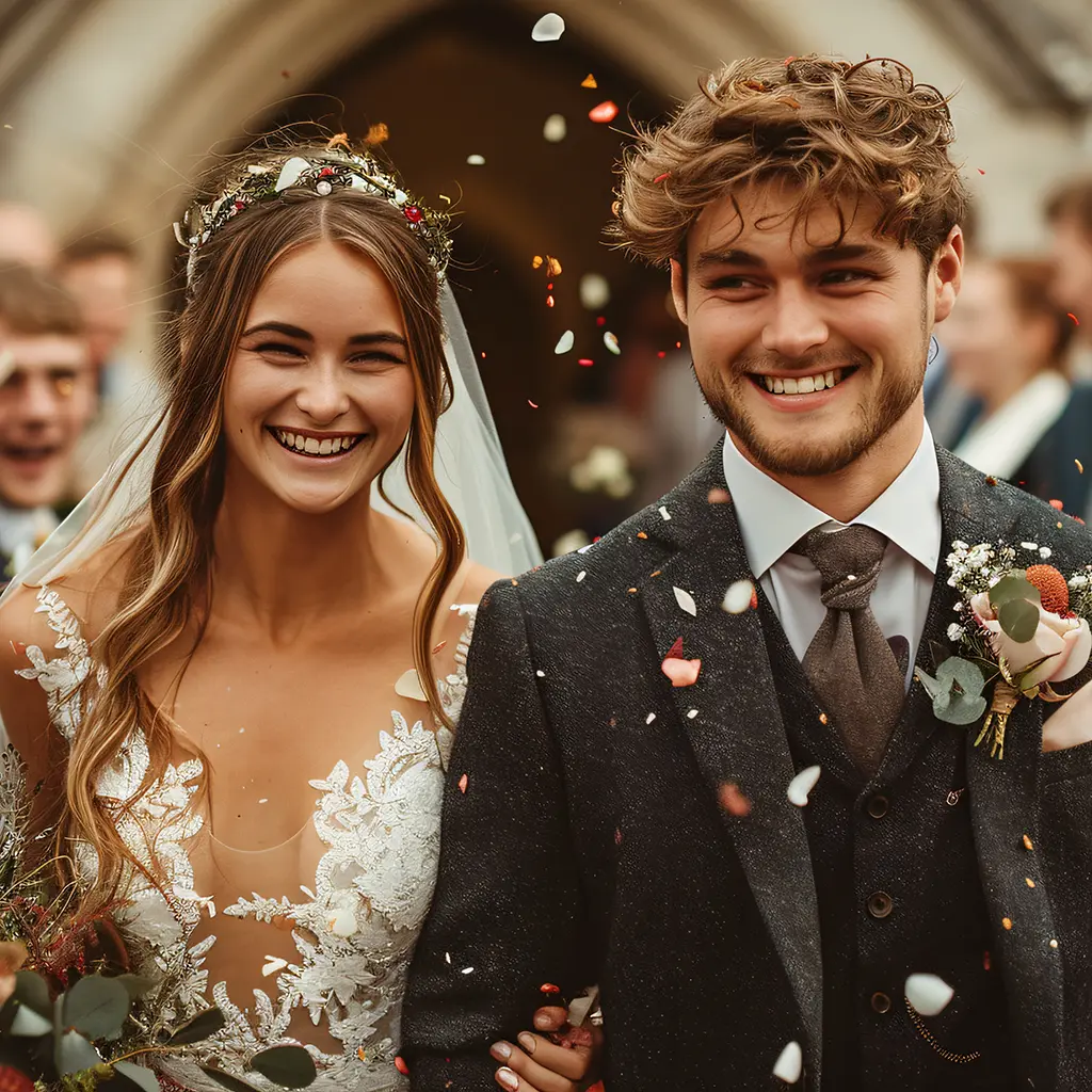 Hochzeitspaar mit Gästen im Hintergrund